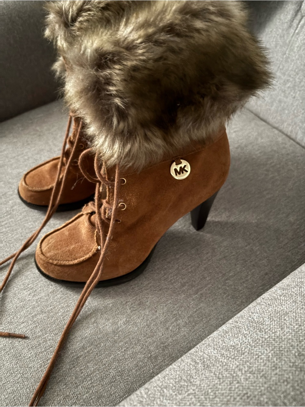 Michael Kors Chestnut Suede Fur-Trim Lace-Up Ankle Boots